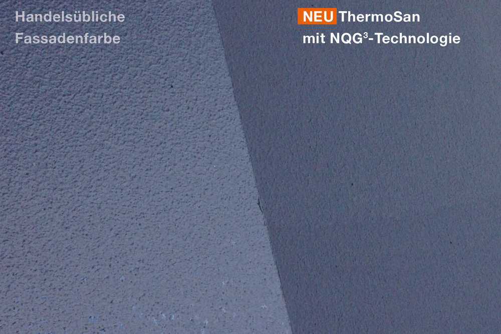 Mit bloßem Auge klar zu erkennen: Auf handelsüblicher Fassadenfarbe sind noch Wassertropfen zu sehen. ThermoSan mit der neuen NQG-Technologie ist im gleichen Zeitraum komplett abgetrocknet.